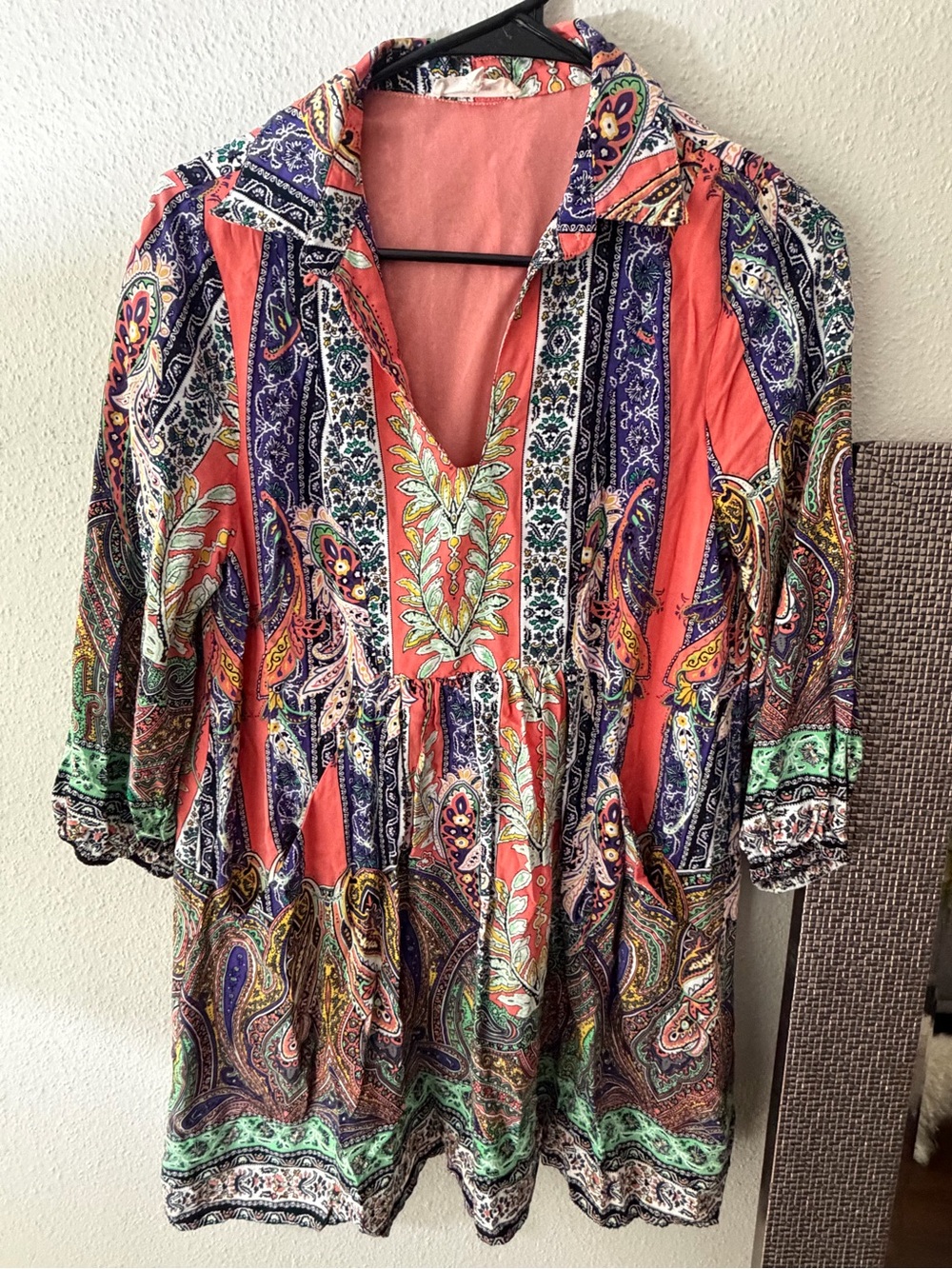Entro Coral Multi-Color Paisley V-Neck Women’s Dress